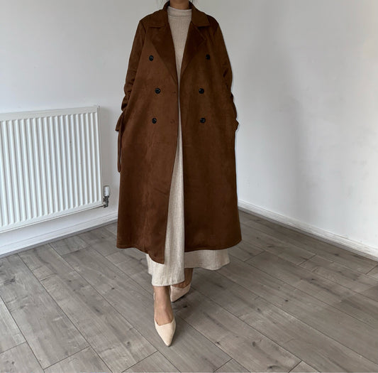 Suede belted and buttoned trench