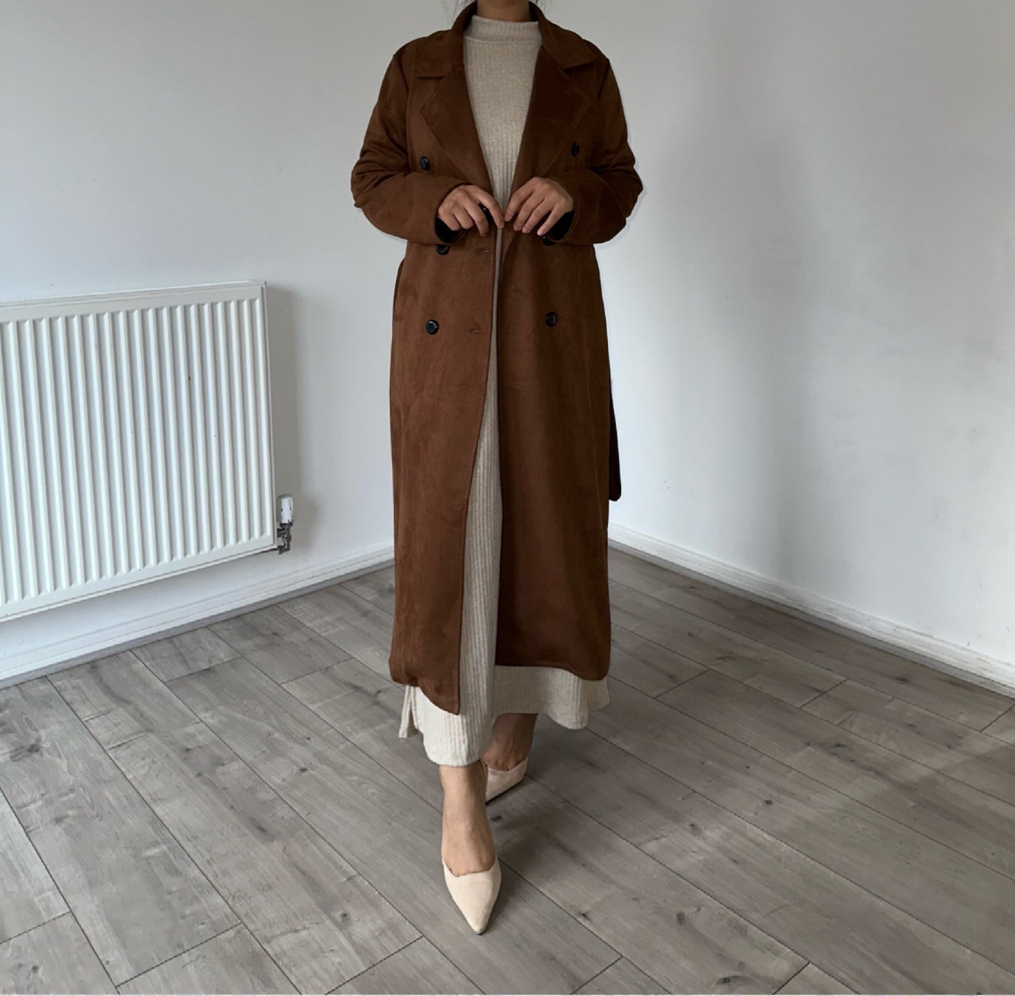 Suede belted and buttoned trench