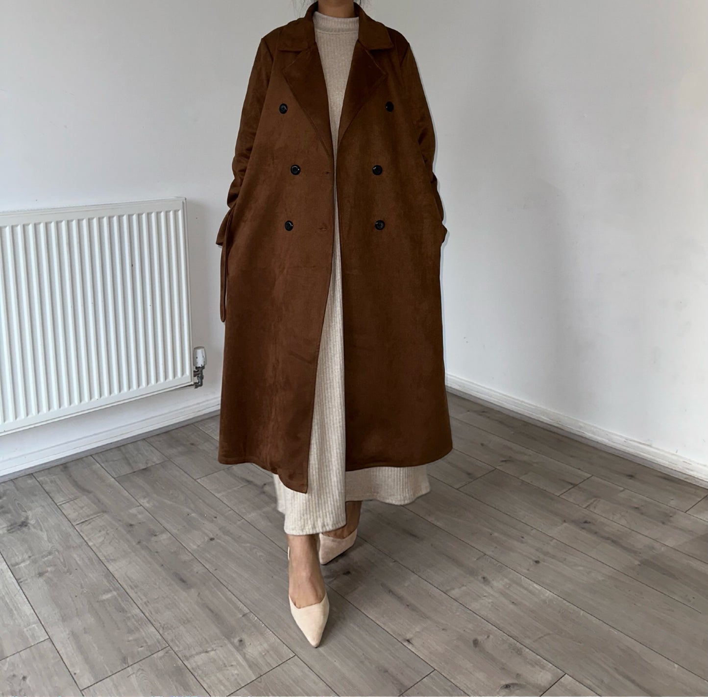 Suede belted and buttoned trench